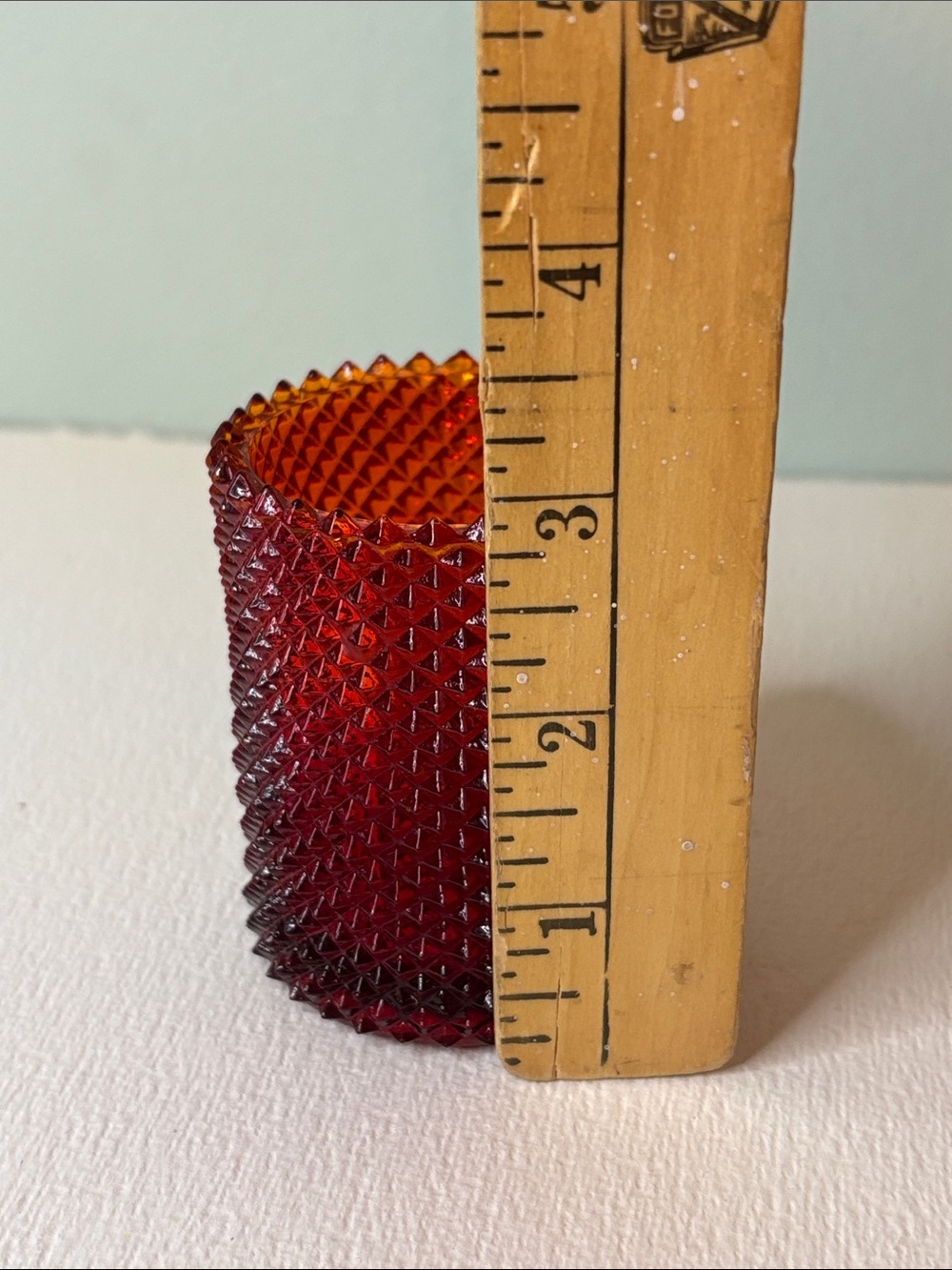 Vintage Faroy Red Diamond Point Glass Votive Candle Holder - Picture 3 of 8